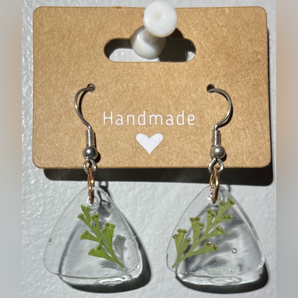 Handmade Clear Resin Earrings with Green Leaf Design